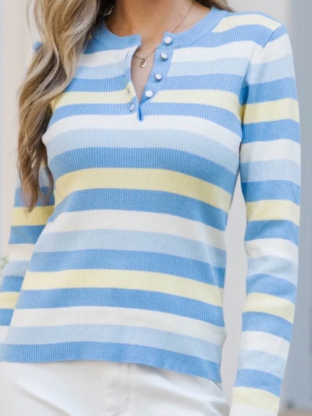 Striped Crewneck Sweater - Blue, White & Yellow